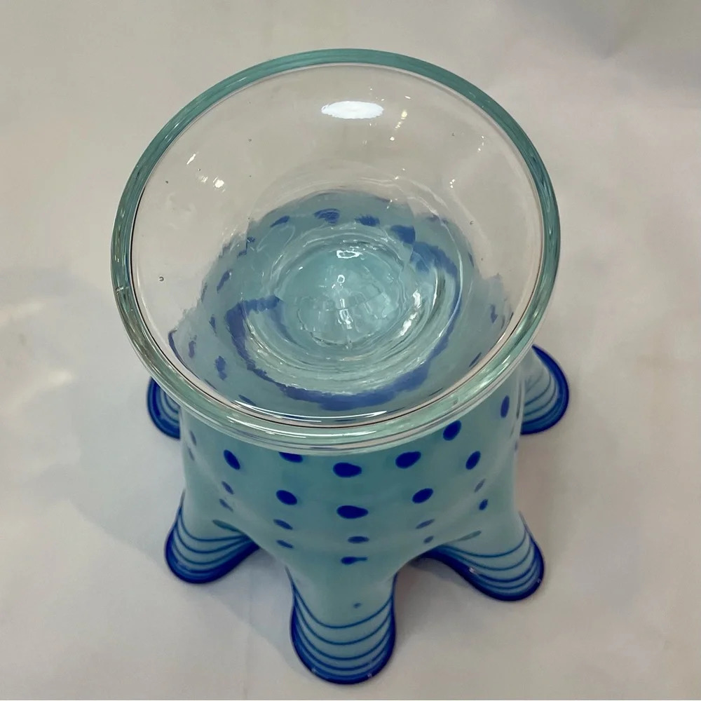 Blue Polka Dot & Stripped Blown Glass Fluted Ruffle Vase Handmade Unique - Picture 10 of 15